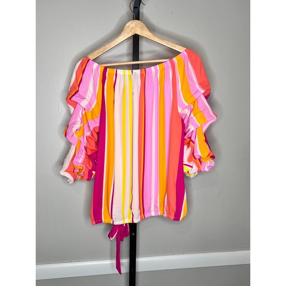 Vince Camuto Striped Off The Shoulder Bubble Sleeve Tie Front Blouse Multi M NWT - Picture 5 of 7